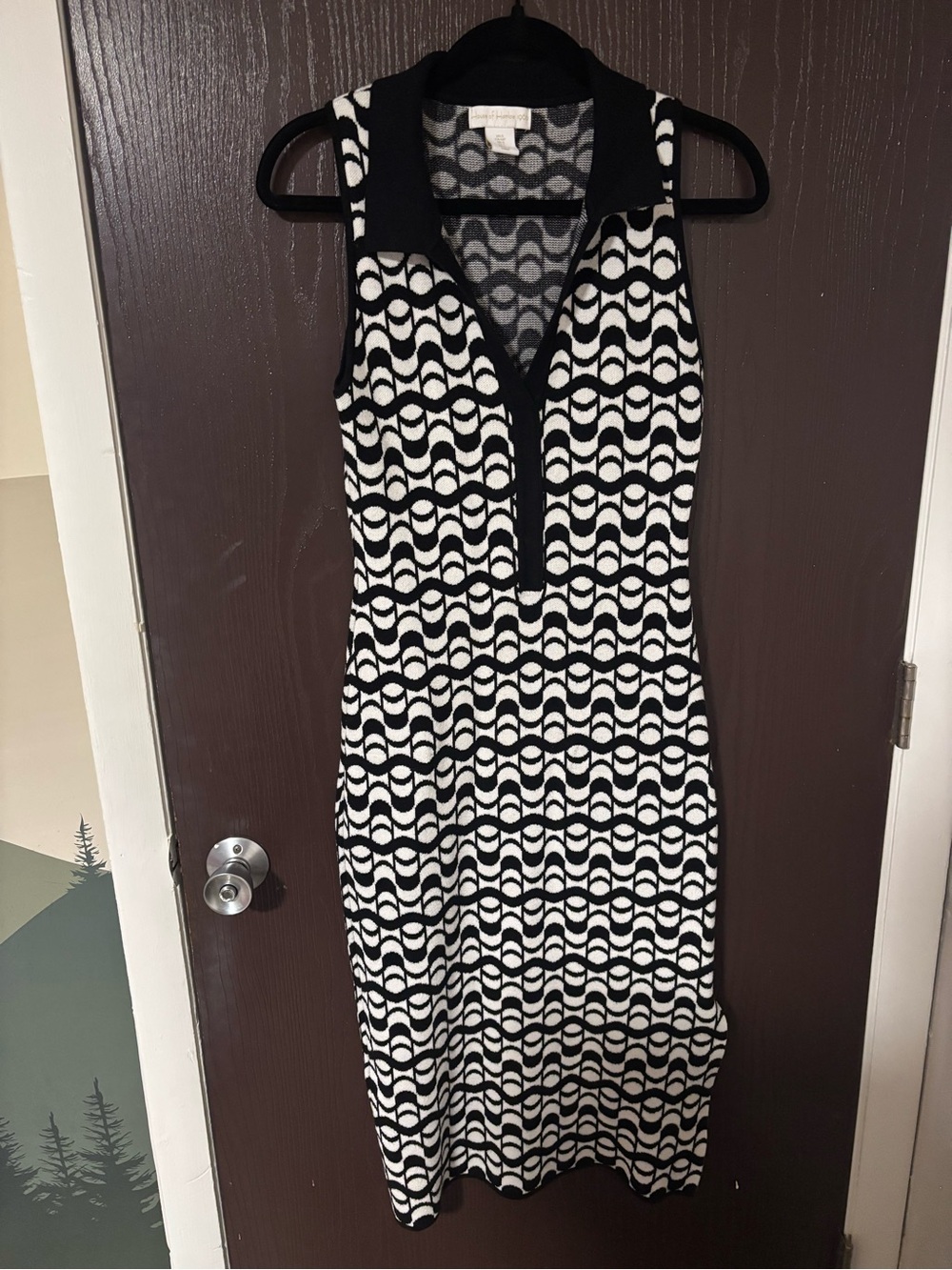 House of Harlow 1960 Black & White Geometric Polo-Collar Midi Dress